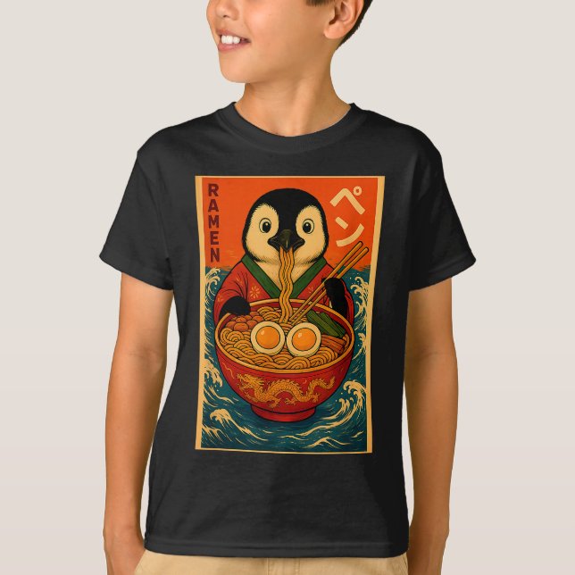 Penguin Eating Ramen Japanese Noodles Funny  T-Shirt (Front)