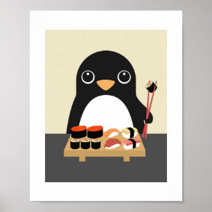 Penguin Eating Sushi Poster Print