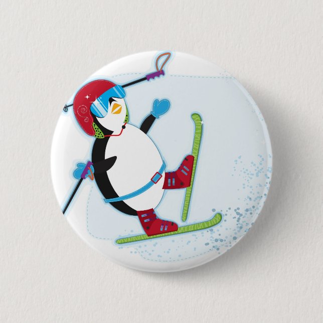 Penguin falling on ski 6 cm round badge (Front)