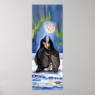 Penguin Family Chick Aurora Moon Romantic Poster