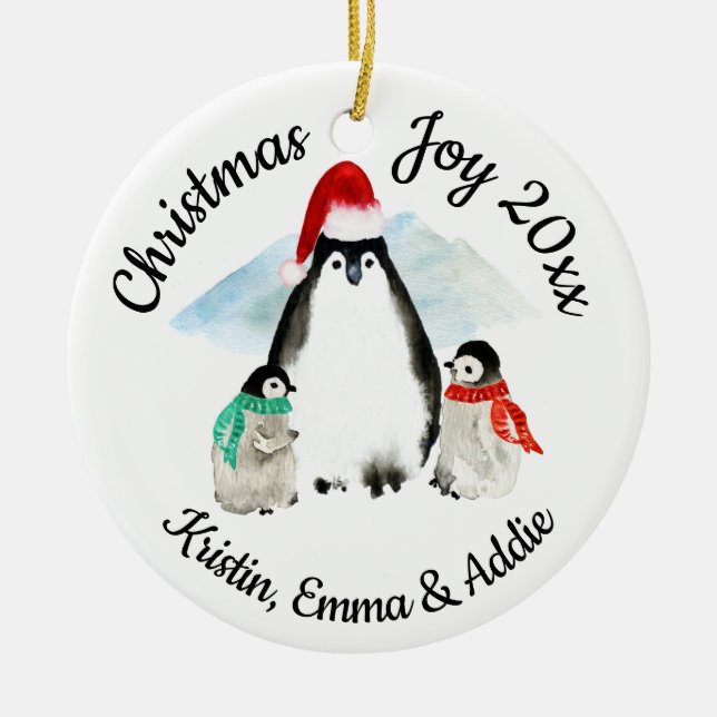 Penguin Family Christmas Ceramic Tree Decoration (Front)