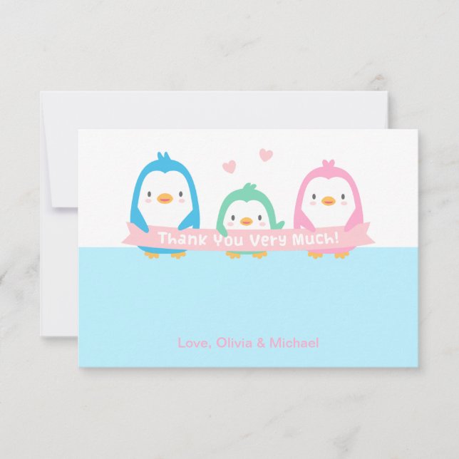 Penguin Family Cute Baby Shower Thank You Cards (Front)