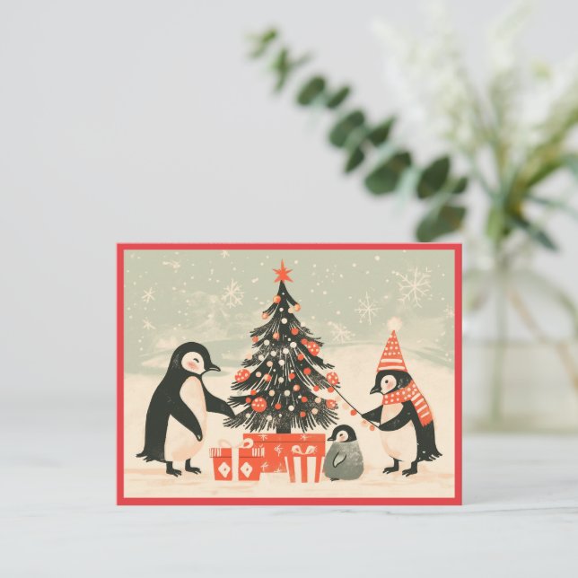 Penguin Family Decorating Christmas Tree Holiday Postcard (Standing Front)