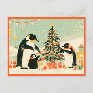 Penguin Family Decorating Christmas Tree Postcard