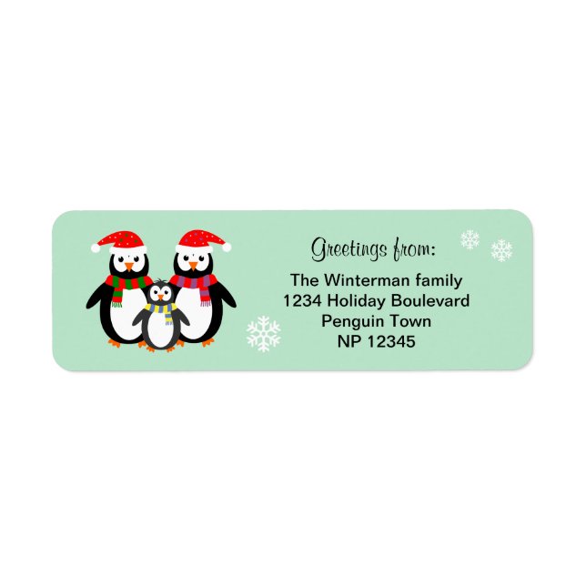 Penguin family editable text teal christmas label (Front)