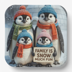 Penguin Family In Snowflakes Paper Plate