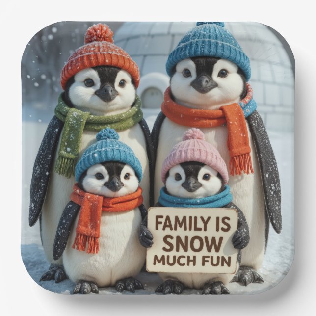 Penguin Family In Snowflakes Paper Plate (Front)