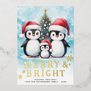 Penguin Family Merry & Bright Blue Red Christmas Foil Holiday Card