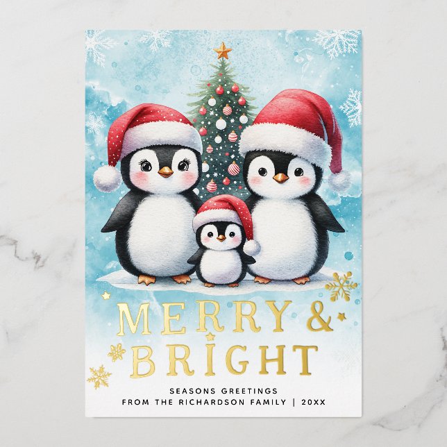 Penguin Family Merry & Bright Blue Red Christmas Foil Holiday Card (Front)