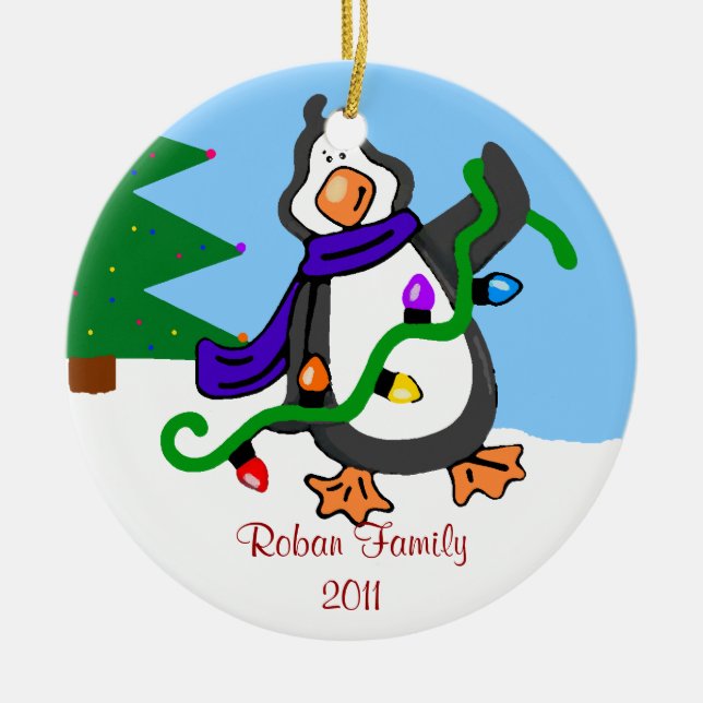 Penguin-Family Name Ceramic Tree Decoration (Front)