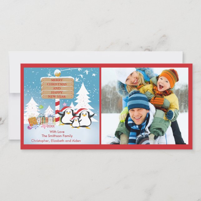 Penguin Family Of 3 Holiday Christmas Photo Card (Front)