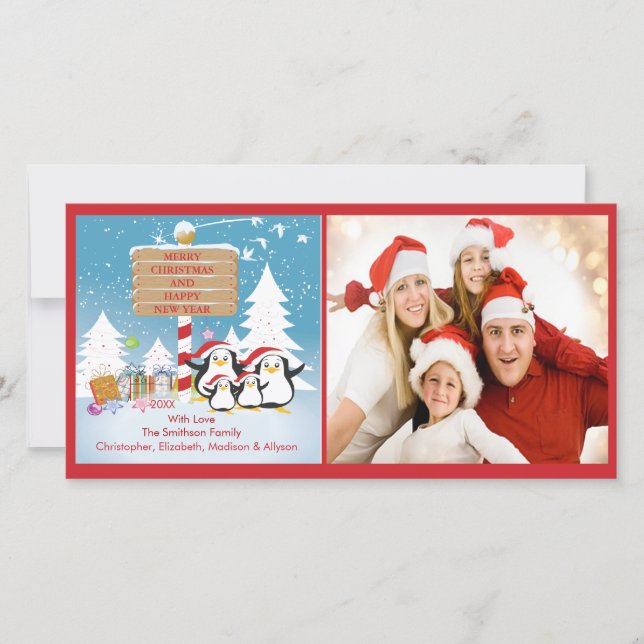 Penguin Family Of 4 Holiday Christmas Photo Card (Front)