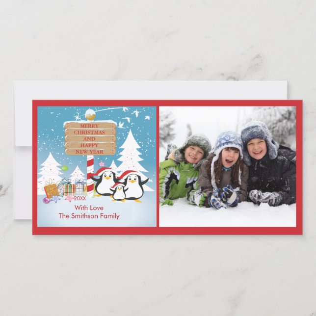 Penguin Family Of 5 Holiday Christmas Photo Card (Front)
