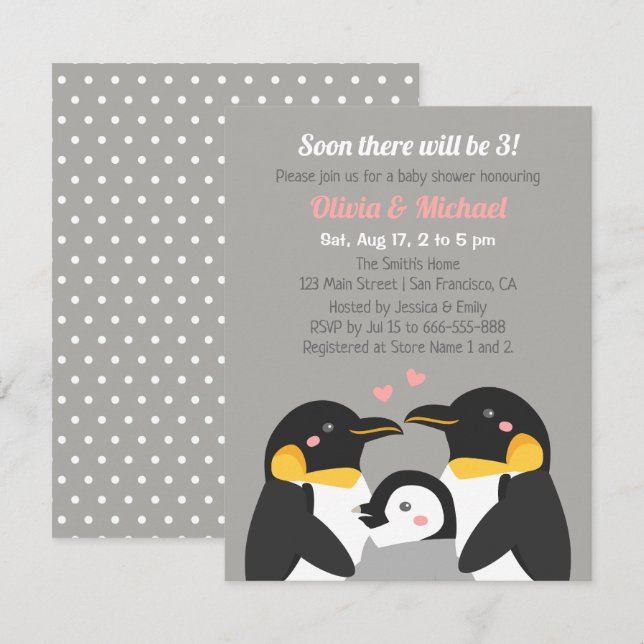 Penguin Family Of Three Baby Shower Grey Invitation (Front/Back)