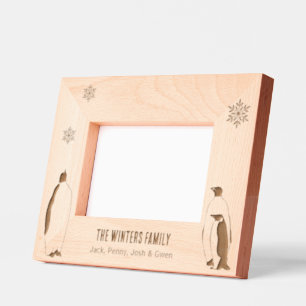 Penguin Family Portrait Snowflake Holiday Names Etched Frames