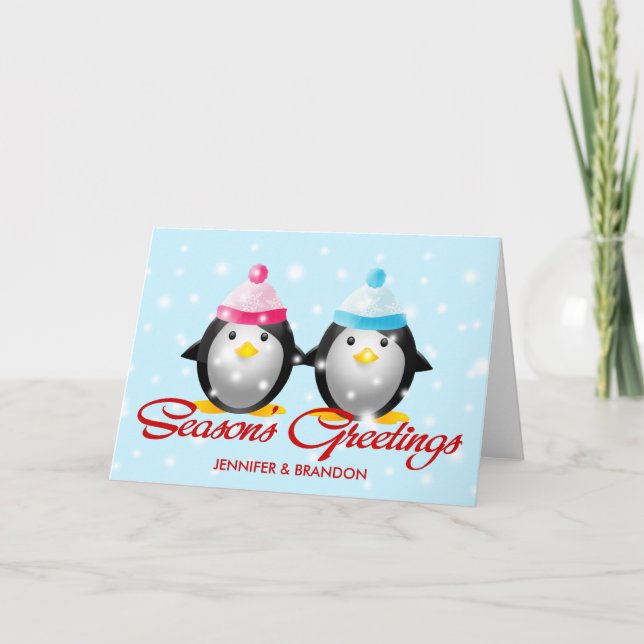 Penguin Family Season's Greetings (Couple) Holiday Card (Front)