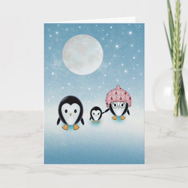 Penguin Family Starry Night and Full Moon Holiday Card (Front)