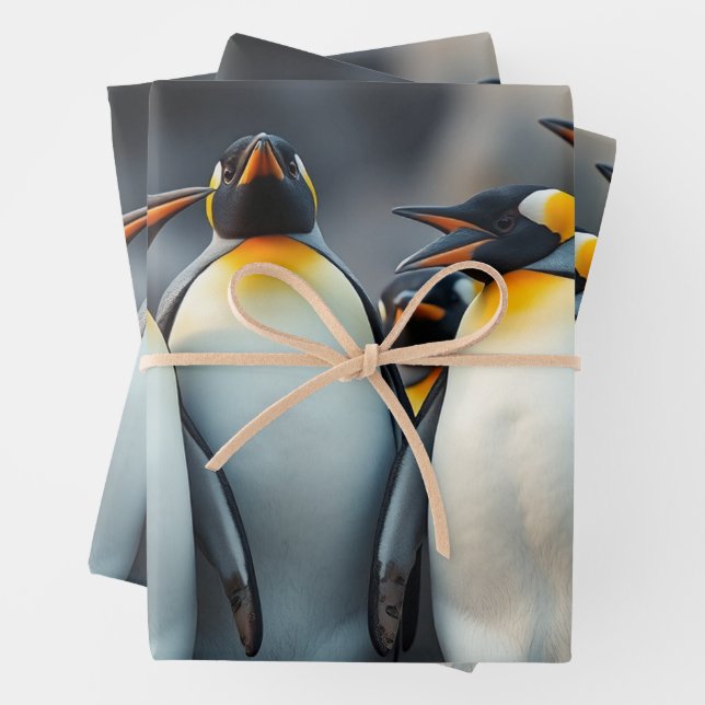 Penguin Family Watercolor Ice Floe Adventure Wrapping Paper Sheet (In situ)
