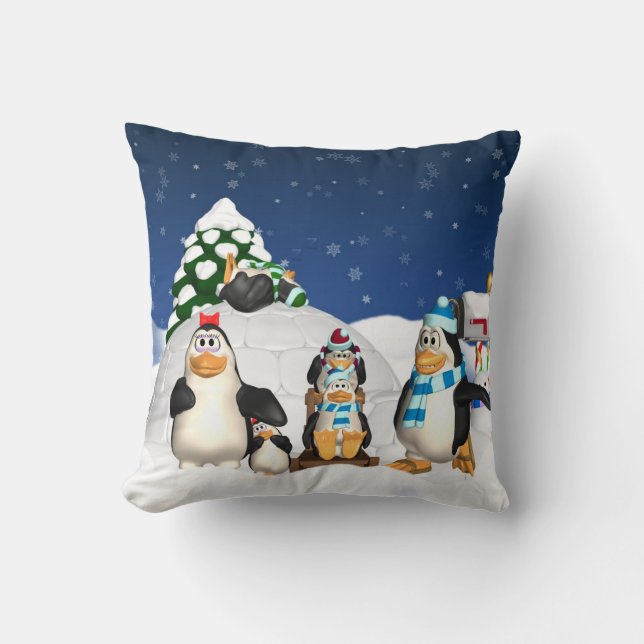Penguin Family Winter Holiday Throw Pillow (Front)