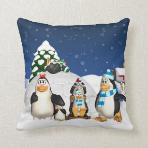 Penguin Family Winter Holiday Throw Pillow