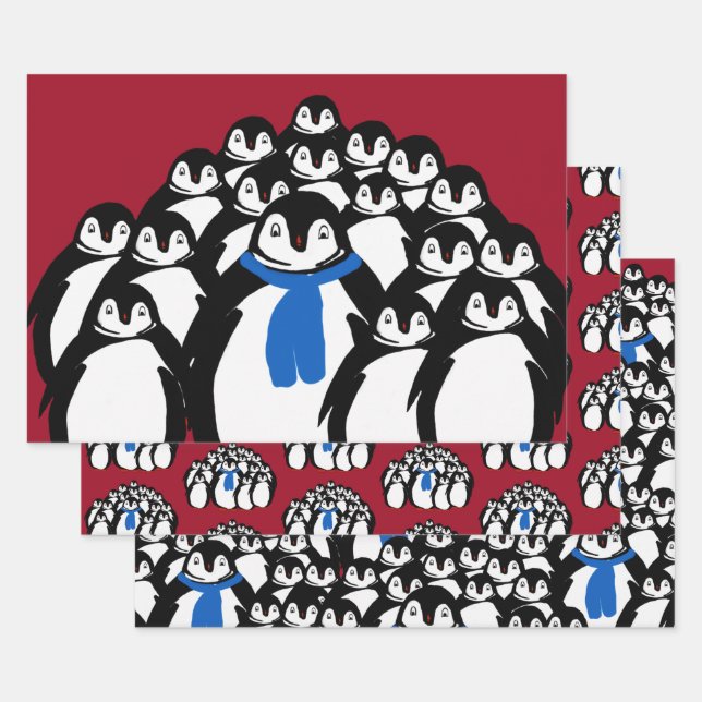 Penguin Family Wrapping Paper on Christmas Red (Set)