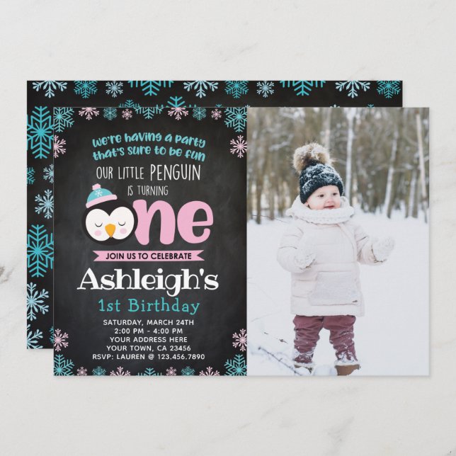 Penguin First Birthday Invitation with Photo (Front/Back)