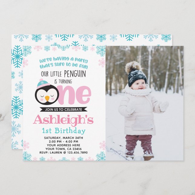 Penguin First Birthday Invitation with Photo (Front/Back)