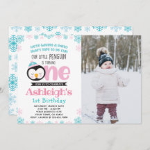 Penguin First Birthday Invitation with Photo
