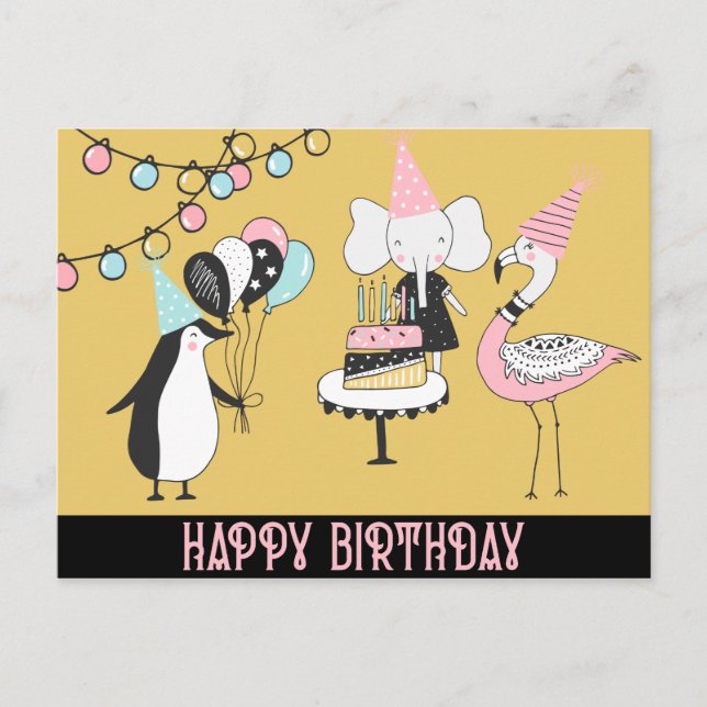 Penguin Flamingo Elephant Birthday Card (Front)