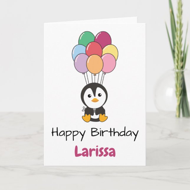 Penguin Flies Up With Colourful Balloons Card (Front)