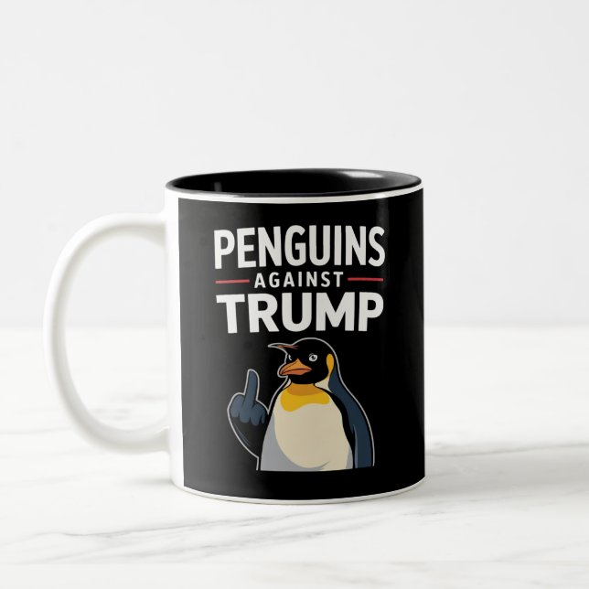 Penguin Flippers Up Resist Penguins Against Trump Two-Tone Coffee Mug (Left)
