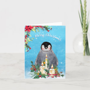Penguin Floral Watercolor Merry Christmas Holiday Card