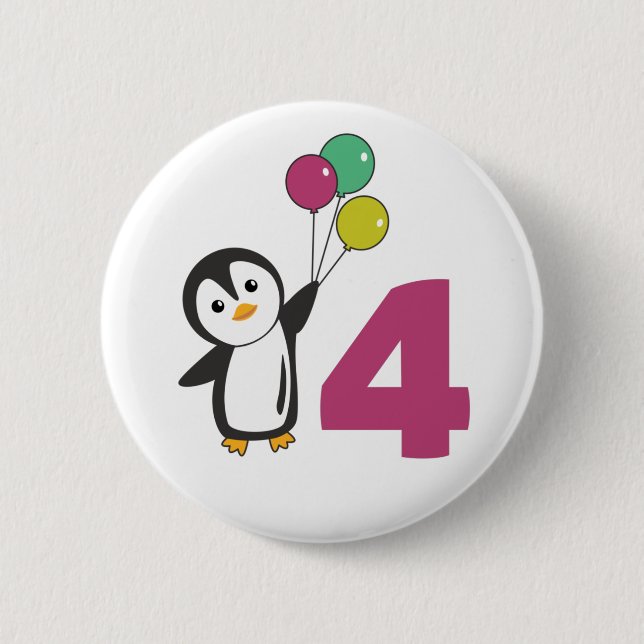 Penguin Fourth Birthday Balloons For Kids Button (Front)