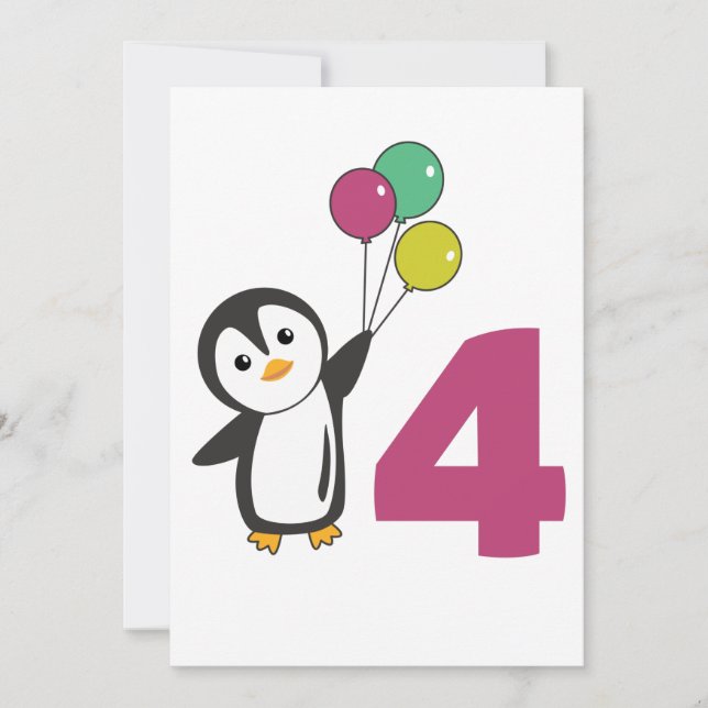 Penguin Fourth Birthday Balloons For Kids Invitati Invitation (Front)