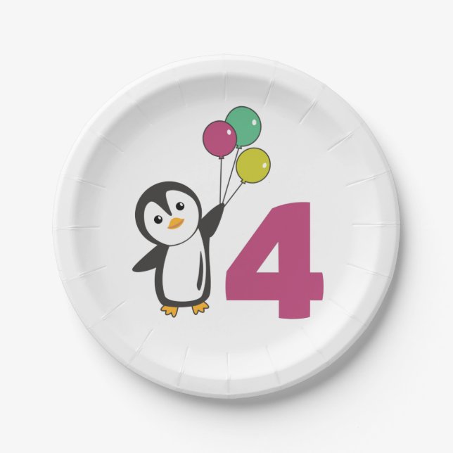 Penguin Fourth Birthday Balloons For Kids Paper Pl Plate (Front)