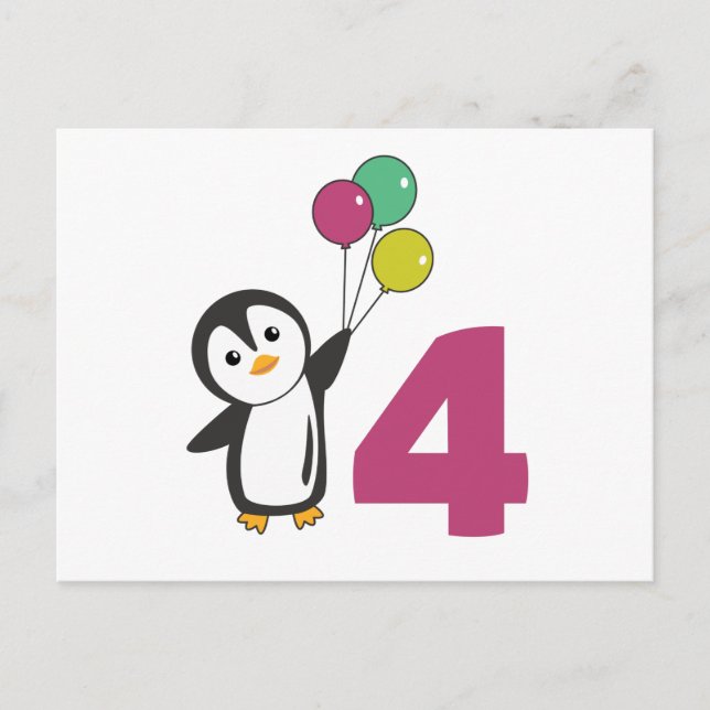 Penguin Fourth Birthday Balloons For Kids Postcard (Front)