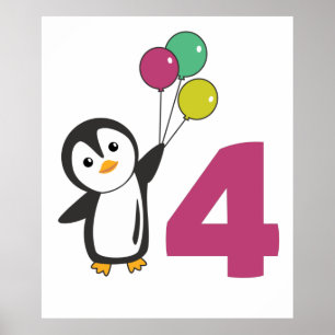 Penguin Fourth Birthday Balloons For Kids Poster