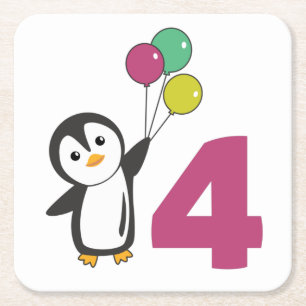 Penguin Fourth Birthday Balloons For Kids Square P Paper Coaster