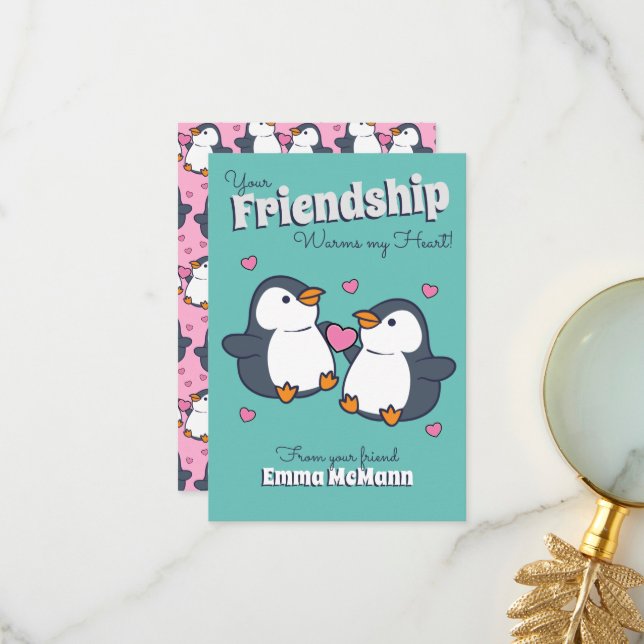 Penguin Friendship Classroom Valentine Card (Front/Back In Situ)