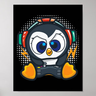 Penguin Gaming Shirt Boys Kids Gamer Gift Penguin  Poster