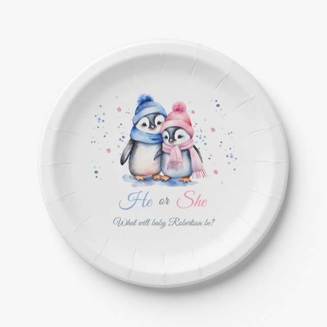 Penguin Gender Reveal He or She Winter Baby Shower Paper Plate (Front)