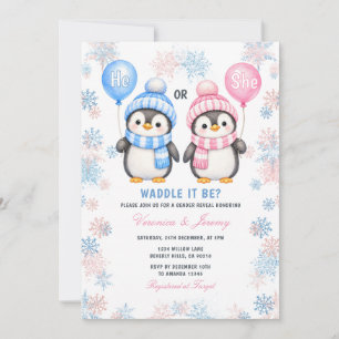 Penguin Gender Reveal He or She Winter Snowflakes Invitation