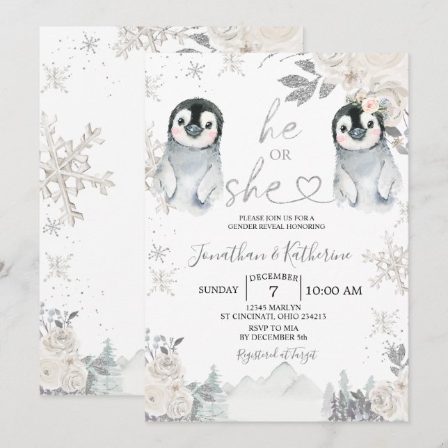Penguin Gender Reveal He or She Winter Snowflakes Invitation (Front/Back)