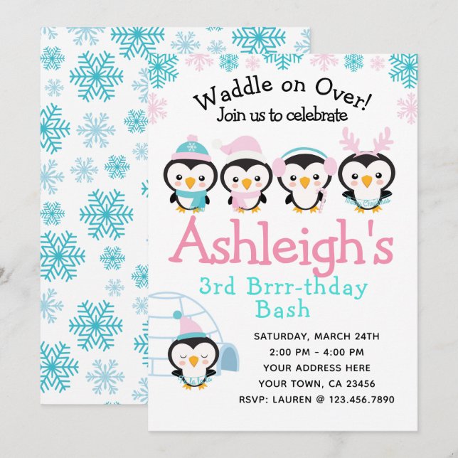 Penguin Girl Birthday Invitation (Front/Back)