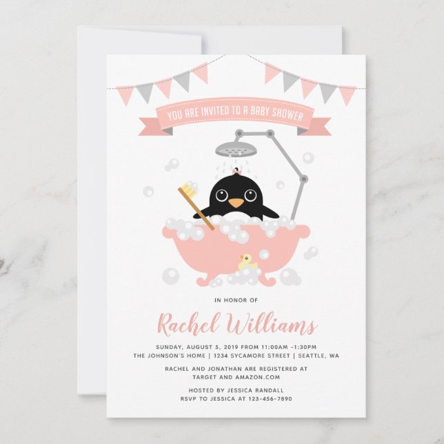 Penguin Girl in Pink Bathtub Shower Invitation (Front)