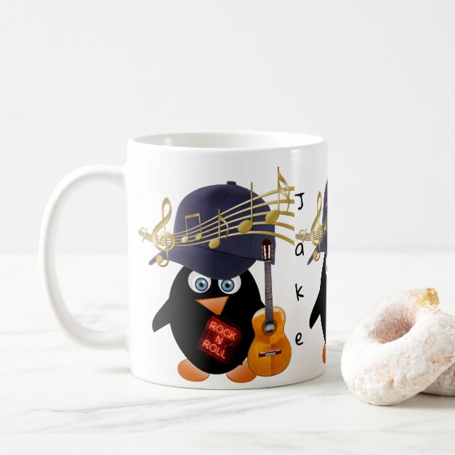 Penguin Gold Music Notes Guitar Mug (With Donut)