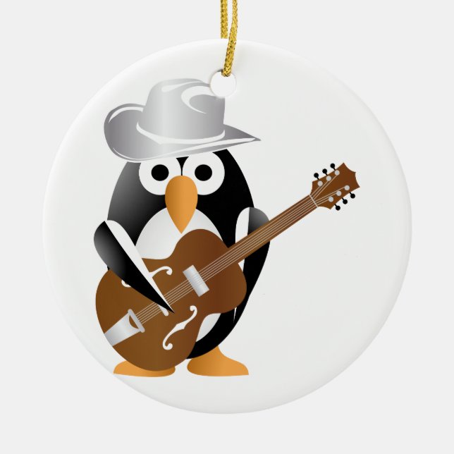 Penguin guitarist ceramic tree decoration (Front)