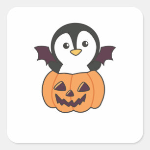 Penguin Halloween Pumpkin Bat Costume Square Sticker