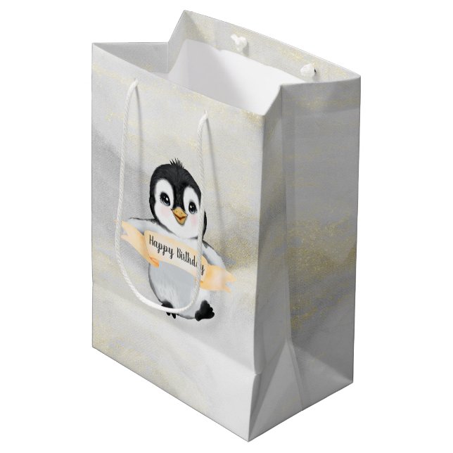 Penguin Happy Birthday Medium Gift Bag (Front Angled)