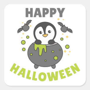 Penguin Happy Halloween Cauldron Bat Square Sticke Sticker